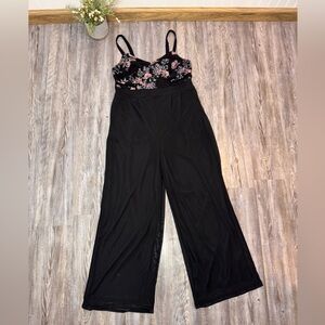 Torrid Womens Floral Mesh Black Smocked Jumpsuit V Neck Stretch Wide Leg Large